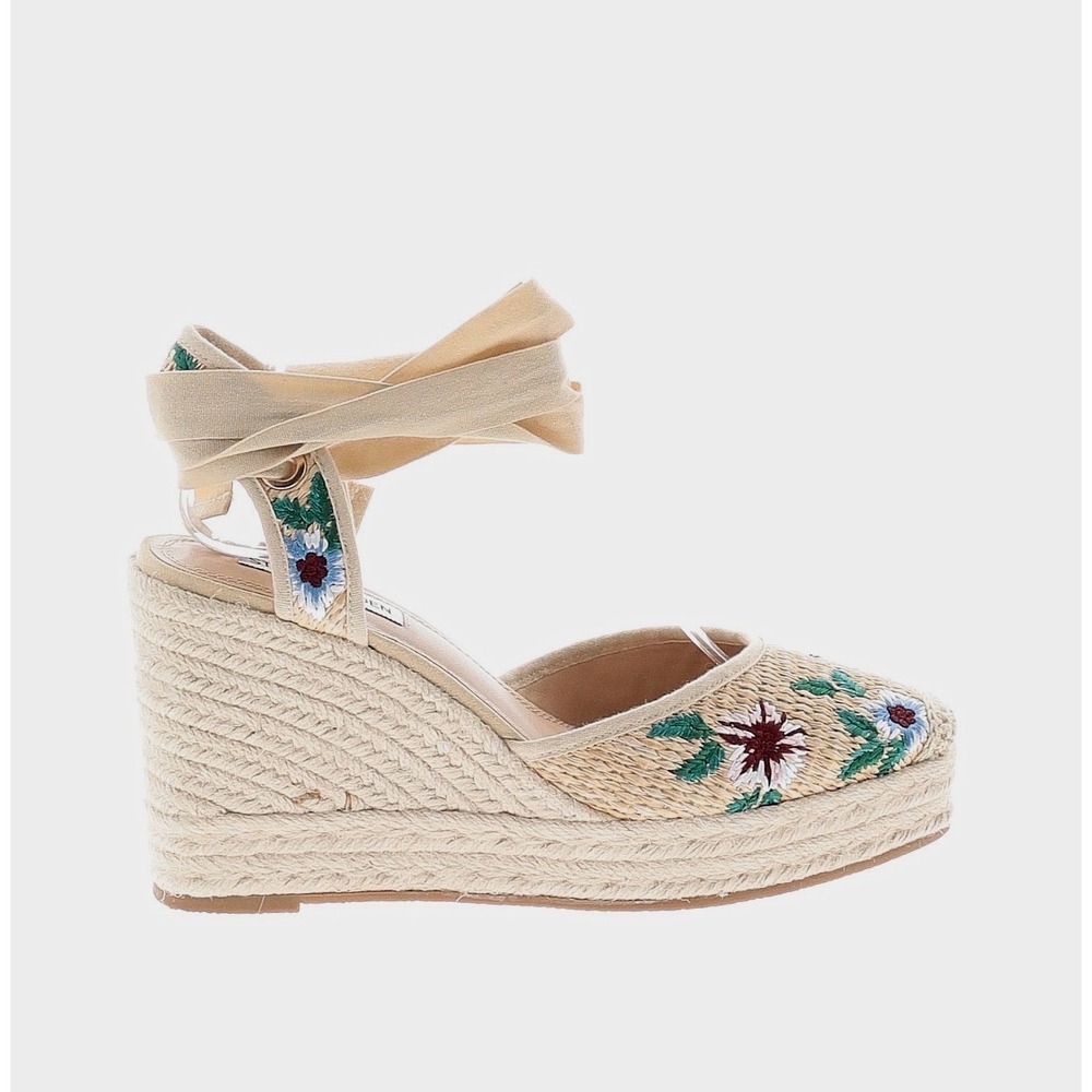 Steve Madden Vero Espadrille Wedges Womens 8.5M Tan New Floral Embroidery